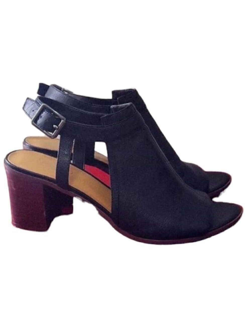 Franco Sarto Open Toe Mandi Block Heels Black Leather Shoes Women's 9.5 M